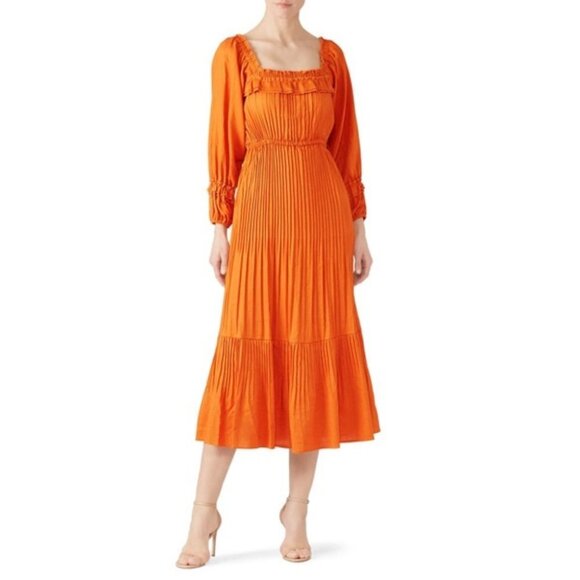 Nicholas size 0 Orange Pleated Prairie Square Neck Midi Dress - Picture 1 of 10